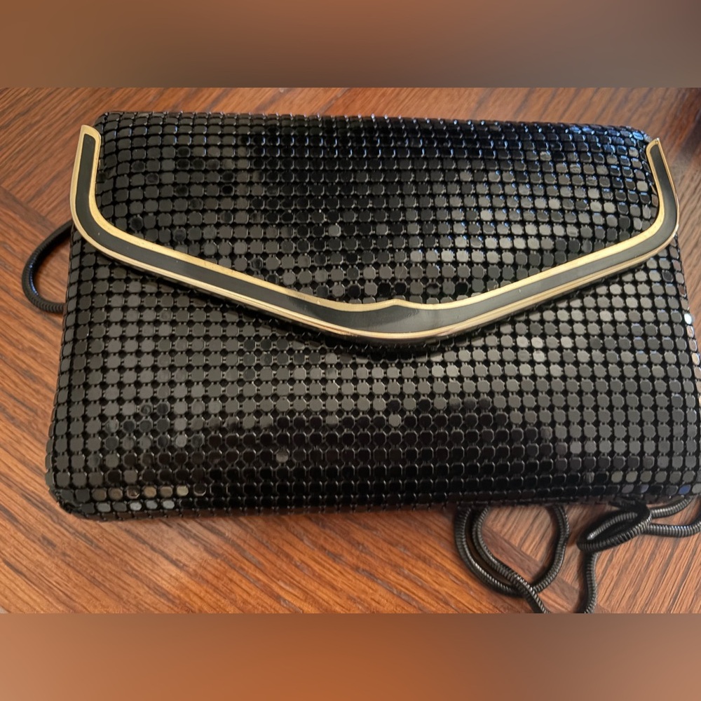 Vintage Black Sequin Evening Shoulder Bag/ Clutch with Gold Trim - Picture 10 of 12